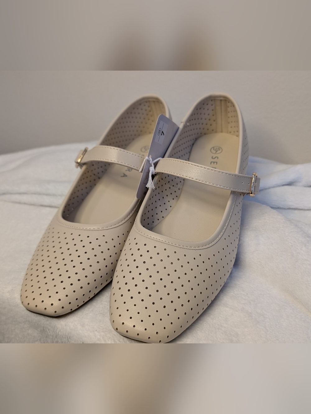 Serra Beige Perforated Mary Jane Flats - Picture 2 of 6